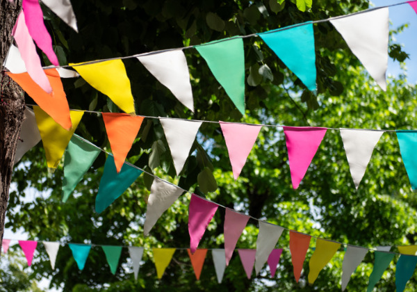 Colourful bunting tied to a tree - Salisbury Square celebrations - Hatfield Park